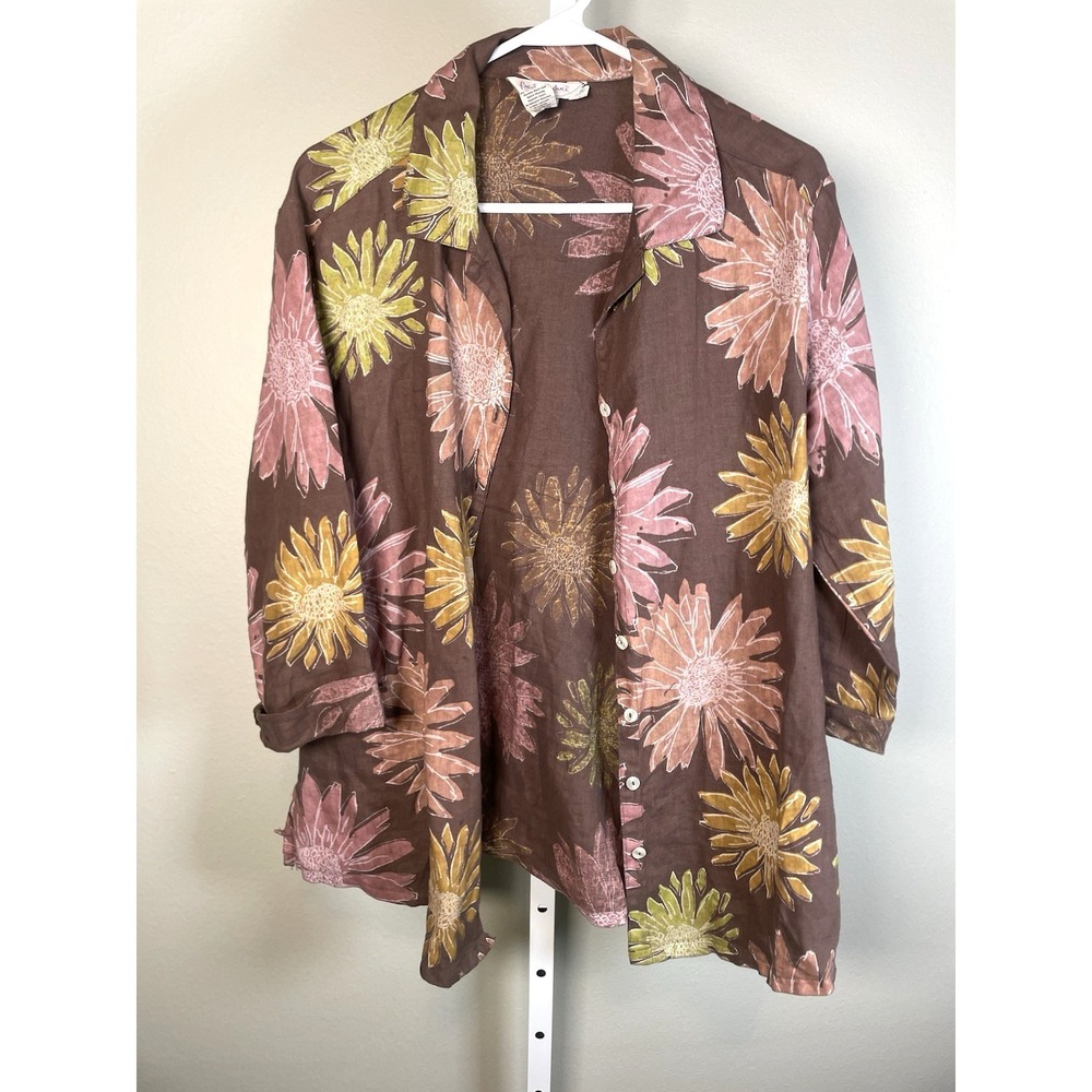Fresh Produce Linen Button Up Shirt Small Brown Floral Beach Vacation Blouse Top - Picture 2 of 9